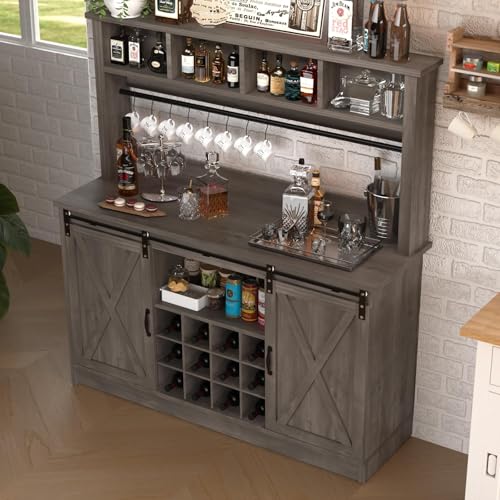 55” Farmhouse Coffee Bar with 4 Tier Storage Hutch (55.1Inch / Grey)