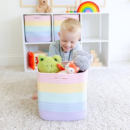 Storage Cubes 11 Inch Cotton Rope Woven Baskets for Organizing (Pastel Rainbow)