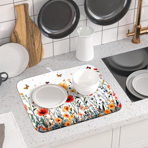 Poppy Flower Dish Drying Mat 16x18 Inch Floral Leaves Dish Drainer Protector Pad Washable Reversible Drying Pad for Kitchen Counter Sink (Poppy Flower / 16" x 18")