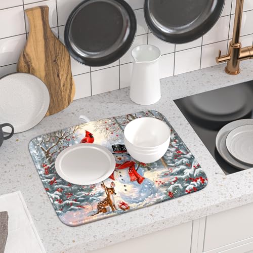 Winter Snowman Dish Drying Mat for Kitchen Counter Red Bird Berry Dishes Drainer Mats Holiday Microfiber Absorbent Dish Rack Pad 16x18 Inch (Winter Snowman Deer / 16" x 18")