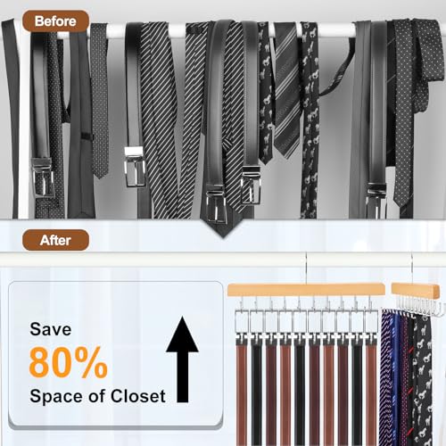 2 Pack 2 in 1 Belt Tie Hanger for Closet Max 60 Belts with 60 Ties Capacity (Natural-2 Pack)