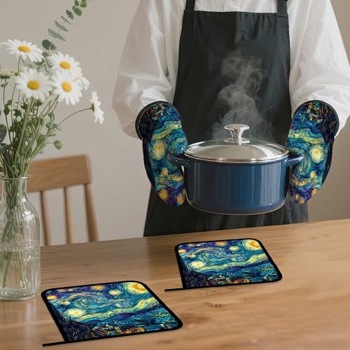 Starry Night Moon Oven Mitts and Pot Holders Set (4 Count)