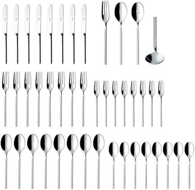 Villeroy & Boch NewWave Collection 64 Piece Flatware Set, Sleek, Tapered, Modern Design, 18/10 Stainless Steel, Service for 12, 4 Piece Serveware Set Included