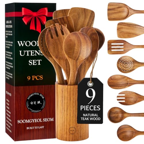 9 Piece Teak Wood Cooking Utensil Set with Holder (9 PCS Set)