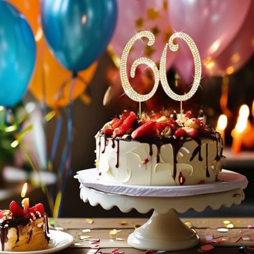 Cake Topper 60th Birthday Decorations Women Gold Rhinestone Cake Toppers (60)