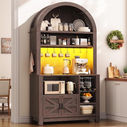 73" Tall Arched Bakers Rack with Power Outlet and LED Light (Brown)