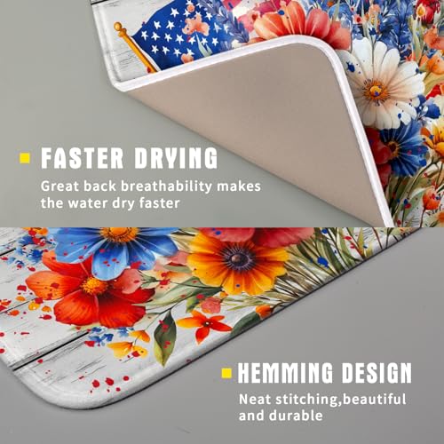 4th of July Dish Drying Mat 16x18 inch Patriotic Floral Fast Dry Microfiber Reversible Dish Drainer Rack Pad Kitchen Counter Accessories (Patriotic Floral / 16" x 16")