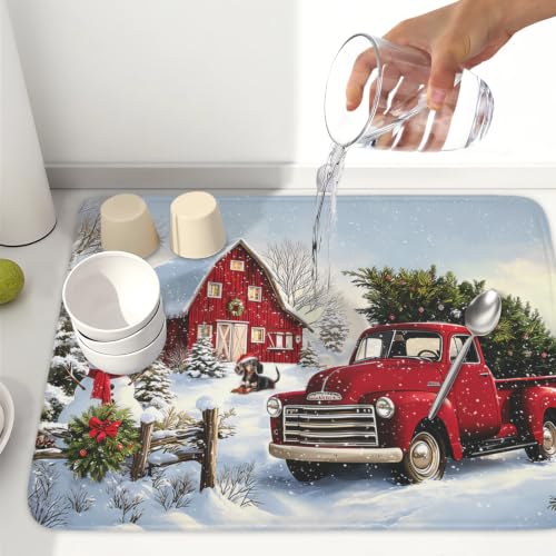 Red Truck Dish Drying Mat Winter Xmas Tree Drainer Rack Pad 18"x24" Microfiber Absorbent Quick Dry Dish Sink Mat for Table Kitchen Counter (Red Truck Snowman / 18x24 inch)