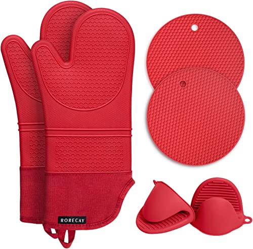 Silicone Oven Mitts and Pot Holders Sets (Red)