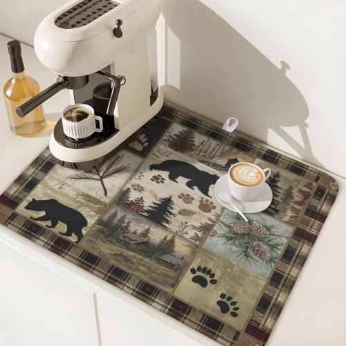Black Bear Dish Drying Mat Forest Cabin Decorative Dishes Pad 18x24 Inch Absorbent Fast Dry Dish Drainer Rack Mats for Kitchen Counter Sink (Black Bear / 18x24 inch)