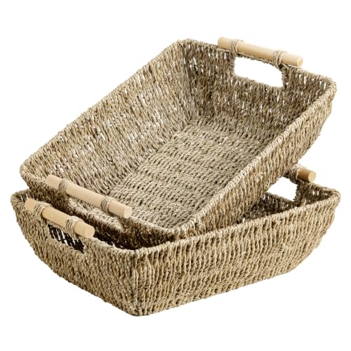 Hand Woven Jumbo Storage Baskets with Wooden Handles (Natural(Seagrass) / Large)