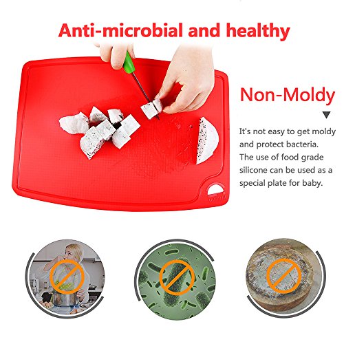 Thick Silicone Cutting Board 12.6'' x 9.1'' Juice Grooves Easy Grip Handle Dishwasher Safe (12.6"L x 9.1"W / Red)