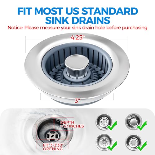 3 in 1 Kitchen Sink Stopper Strainer Basket Pop (Silver)