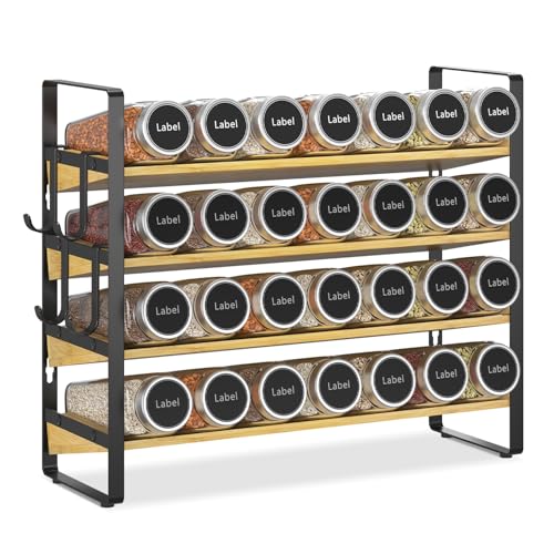 Spice Seasoning Rack Organizer Kitchen Countertop (Matte Black+Bamboo)