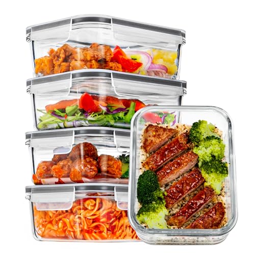 5Pack 30oz Glass Meal Prep Container Sets with Lids (Grey / 30oz)