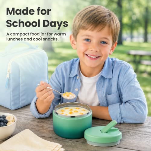 12oz Insulated Vacuum Food Jar with Buckle Lid Wide Mouth Soup Thermo for Hot Food Kids Leakproof Stainless Steel Lunch Container (Gradient Green / 12OZ)