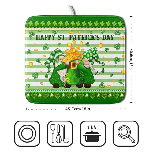 Shamrock Gnome Dish Drying Mat Coin Clover Dishes Fast Dry Mat 16x18 inch Absorbent Microfiber Dishware Drainer Pad for Kitchen Counter Sink (Shamrock Gnome Coin / 16" x 18")