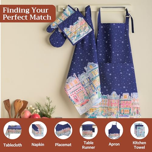 Double Oven Mitts 100% Cotton Double Oven Glove (123 - Christmas Market - Blue / 7" x 35" (Double Oven Mitt))