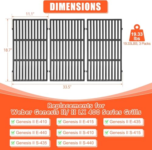 18.7 Inch Cast Iron Grill Grates for Weber Genesis II 400 Series (18.75" Weber Genesis II 400)