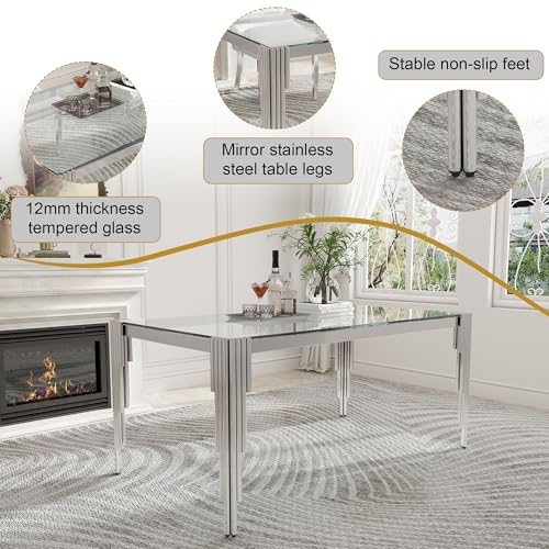 63'' Modern Glass Dining Table for 4 (Silver-clear / Rectangle-62.99" L x 35.43" W x 29.53" H)