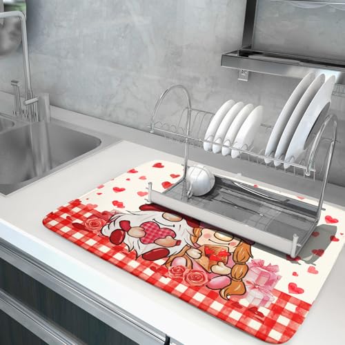 Love Gnome Dish Drying Mat 18"x24" Red Heart Microfiber Dish Drainer Rack Mat Holiday Absorbent Dishes Pad for Kitchen Counter Sink Decor (Love Gnome / 24" x 24")