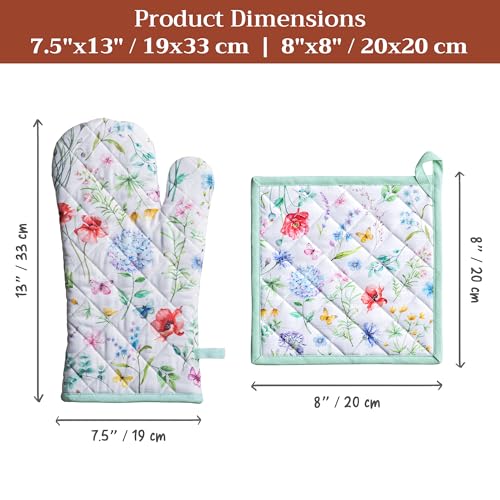 100% Cotton Oven Mitt & Pot Holder Set (031 - Just Floral / 7.5" x 13" & 8" x 8" (Oven Mitt & Pot Holder))