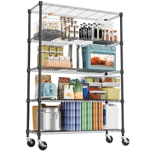 1750LBS 47.2" W 5 Tiers Storage Shelves Metal Shelving Unit with Wheels Heavy Duty Garage Shelving Adjustable Wire Shelves for Pantry (5 tier, 17.7" D x 47.2" W x 76.8" H / Black)