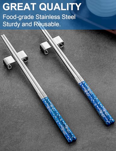 Metal Chopsticks Reusable 2 Pairs Titanium Plated Stainless Steel Chopsticks with Holder