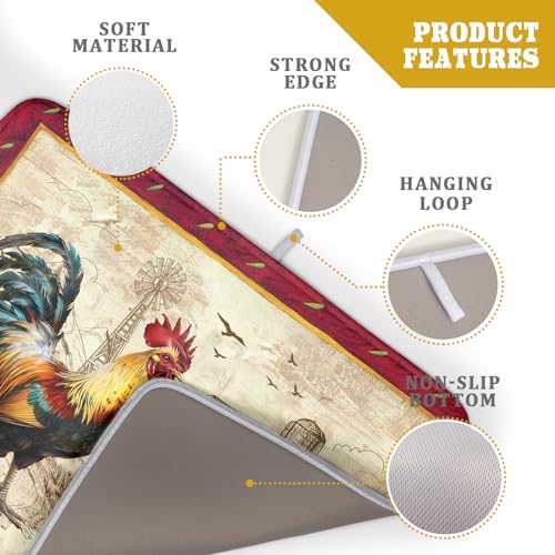 Farm Rooster Dish Drying Mat for Countertop 18x24 Inches Red Rustic Chicken Absorbent Microfiber Dry Dishes Pads Kitchen Counter Accessories (Red Rooster / 18" x 24")