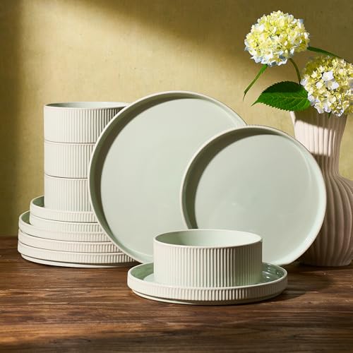 Ceramic Plates and Bowls Set (Light Green / Service for 4)