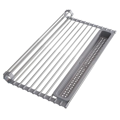 Roll Up Dish Drying Rack for Kitchen Sink with Utensil Holder (Gray / Roll Up, 12.8" - 23.8" D x 15.5" W)