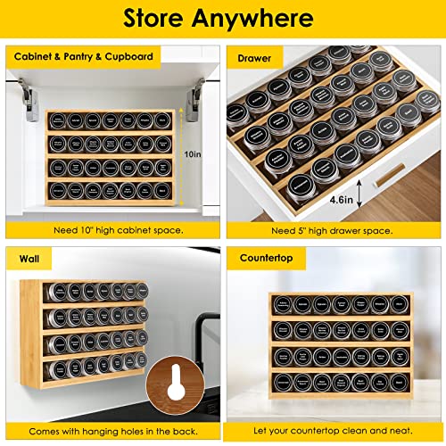 Bamboo Spice Rack Organizer With 28 Glass Spice Jars 4 oz (Bamboo Natural Color)