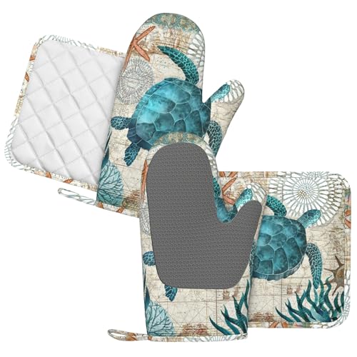 Sea Turtle Ocean Animal Landscape Oven Mitts and Pot Holders Sets Silicone Sea Turtle Kitchen Mitts Potholders Heat Resistant 4Pcs Oven Gloves Hot Pads for Kitchen Grilling (Sea Turtle)