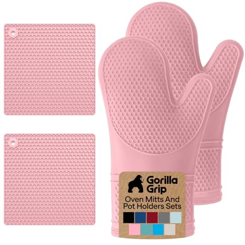 BPA Free Silicone Oven Mitts and Pot Holders Set (Pink / 12.5" Oven Mitts + 7" Trivets)