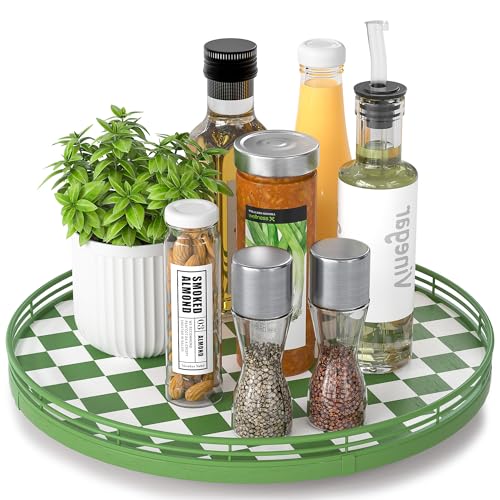 13 Inch Green and White Checkerboard Lazy Susan with Rubberwood Base (Green & White / 13 inches)