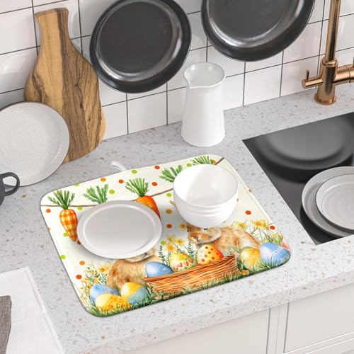 Easter Bunny Dish Drying Mat Eggs Carrot Dishes Drainer Pad Absorbent Reversible Dish Rack Mat Protector for Kitchen Countertop 16x18 Inch (Easter Bunny Carrot / 16" x 18")
