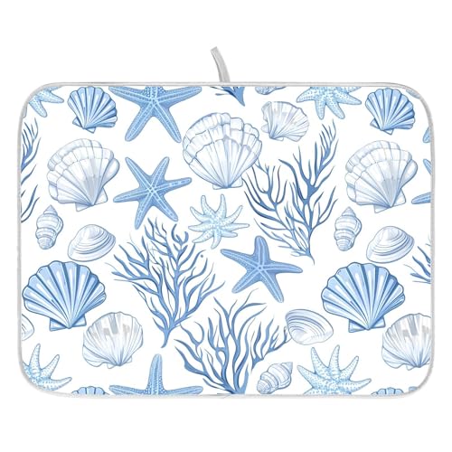 Nautical Coastal Dish Drying Mat for Kitchen Counter Absorbent Microfiber Small Summer Ocean Themed Seashell Coral Starfish Drying Pad Dish Mats for Kitchen Countertops 16 x 18 Inch (18" x 16")
