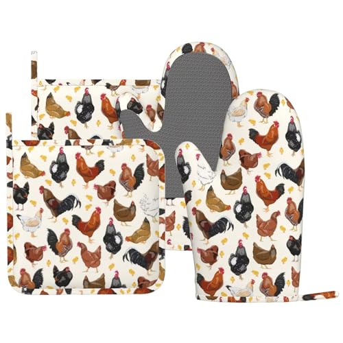 Rooster Hen Oven Mitts and Pot Holders Sets Silicone Rustic Domestic Animal Chicken Kitchen Mitts Potholders Heat Resistant 4Pcs Oven Gloves Hot Pads for Kitchen Baking Cooking BBQ Grilling (Rooster Hen)