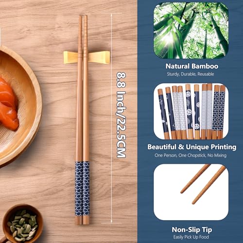 5 Pairs Bamboo Chopsticks Reusable Chop Sticks Japanese Style Bamboo Chopstick with Black Box Lightweight 8.8 Inch (Blue & White)