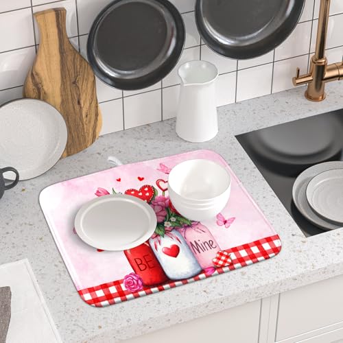 Rose Vase Dish Drying Mat 16x18 inch Romantic Floral Washable Absorbent Dish Dry Pad Fast Dry Drainer Rack Mats Kitchen Counter Accessories (Rose Floral Vase / 16" x 18")