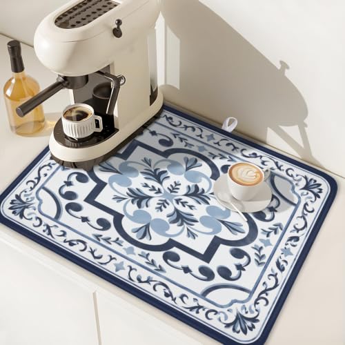 Navy Flower Dish Drying Mat Modern Boho Microfiber Dishes Drainer Pad 18x24 Inch Absorbent Fast Dry Dish Rack Mat for Kitchen Counter Sink (Boho Navy Floral / 18x24 inch)