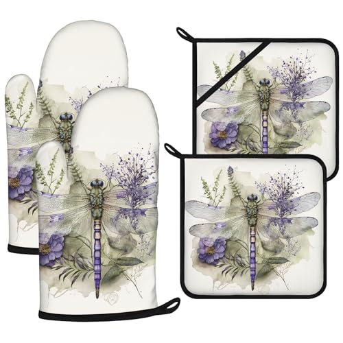 Dragonflies Oven Mitts and Pot Holders Sets 4Pcs (Dragonflies)