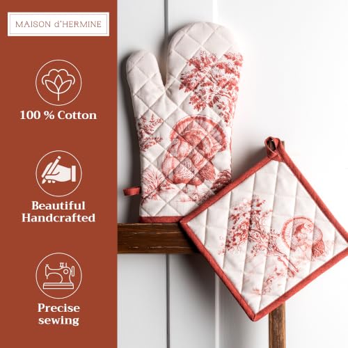 100% Cotton Oven Mitt & Pot Holder Set (119 - Holy Jouy - Red / 7.5" x 13" & 8" x 8" (Oven Mitt & Pot Holder))