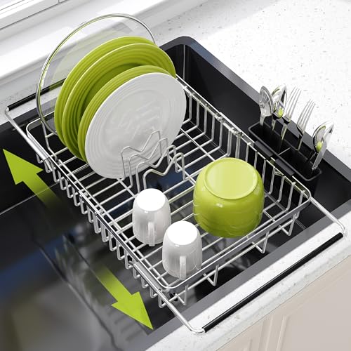 Expandable Dish Drying Rack Over the Sink with Utensil Holder (Silver / For 12.5"-30"w Sink, Expandable)
