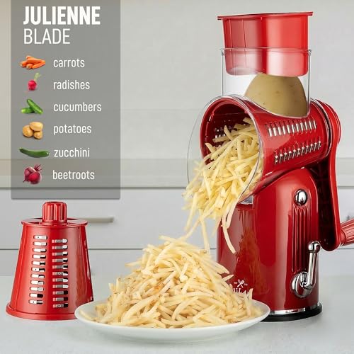 Rotary Cheese Grater Manual Hand Crank 5 Blade Shredder (5 Blades / Classic | Red)