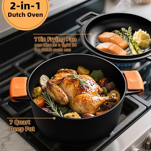 2-in-1 Pre-Seasoned Cast Iron Double Dutch Oven Pot with Skillet Lid & Silicone Sleeves – Raised Rib Skillet Lid– Umite Chef 7QT Cast Iron Skillet Cookware Pan Set wirh Dual Handles – Oven, Grill, Campfire & Stovetop Safe –PFAS-Free (7QT)