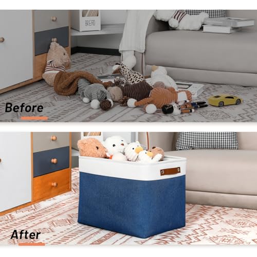 Large Storage Baskets with Leather Handles for Linen Closet and Home Office (White&Blue / XL-16"x 12"x12")