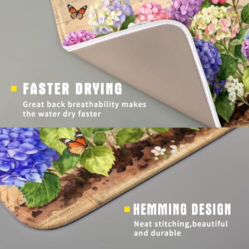 Vintage Hydrangea Dish Drying Mat Watercolor Floral Microfiber Absorbent Dish Drying Pad for Kitchen Counter Small (Vintage Hydrangea Brown / 18" x 16")