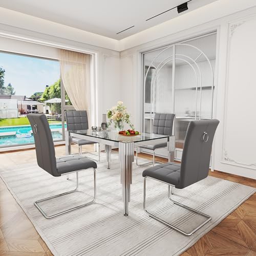53'' Glass Dining Table Set for 4 (5PCS-52.76” L x 33.07” W x 29.53” H / Clear Silver - Grey Chair)