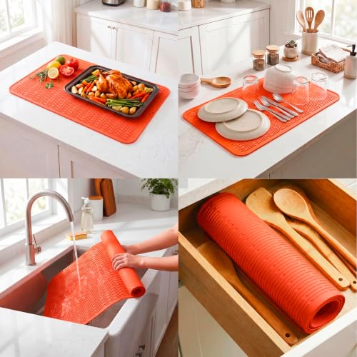 Silicone Dish Drying Mat for Multiple Usage (Orange / 32"L x 18"W)